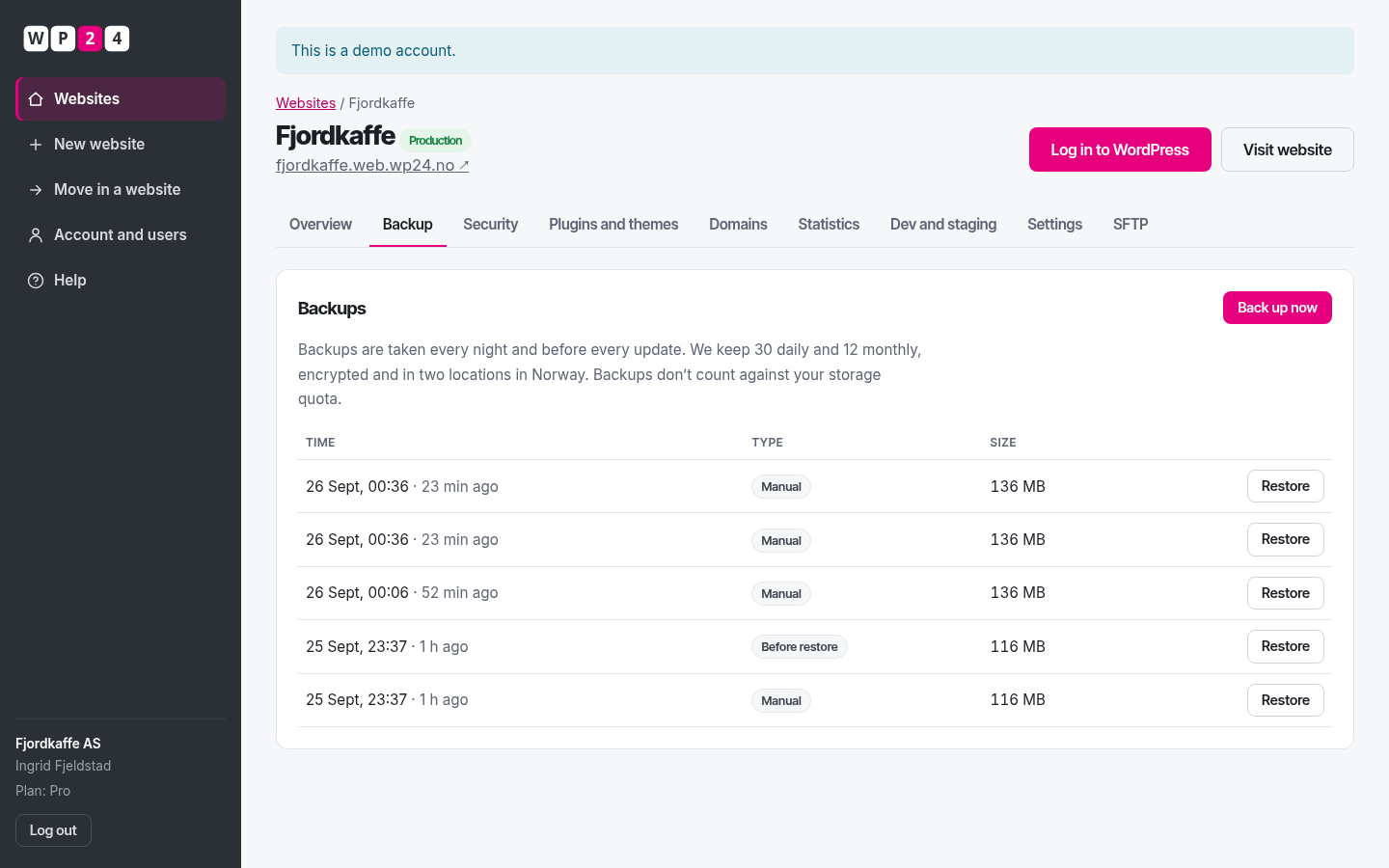 List of backups for a website in WP24 with time, type and size, and a restore button