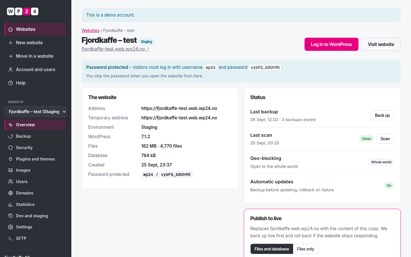 A staging copy of a shop with its password and “Publish to live” in WP24