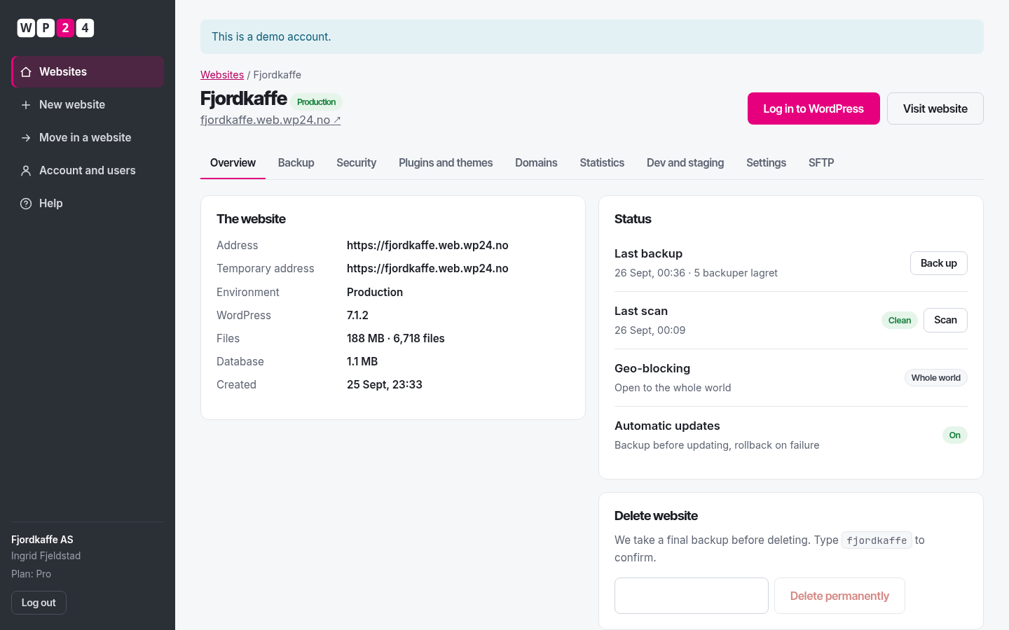 Detail page for a WordPress site in WP24 with domains, version, storage and shortcuts to backup, cloning and login