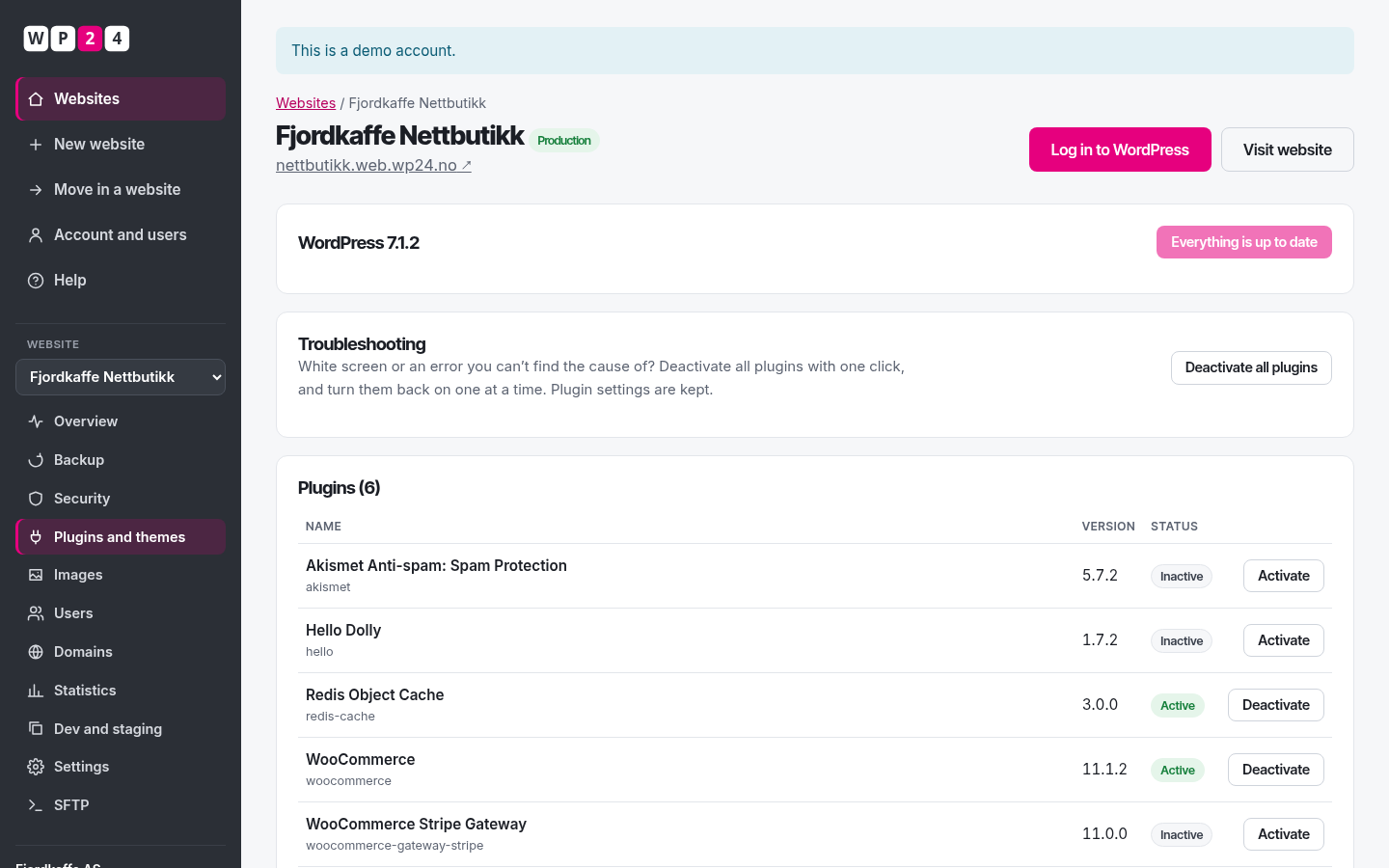 WooCommerce and other plugins for an online shop in the WP24 control panel