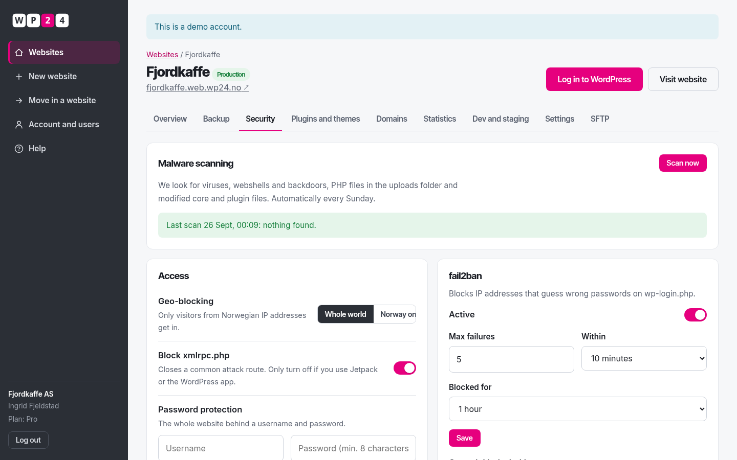 Security settings for a website in WP24: geo-blocking, fail2ban limits, password protection and the latest scan